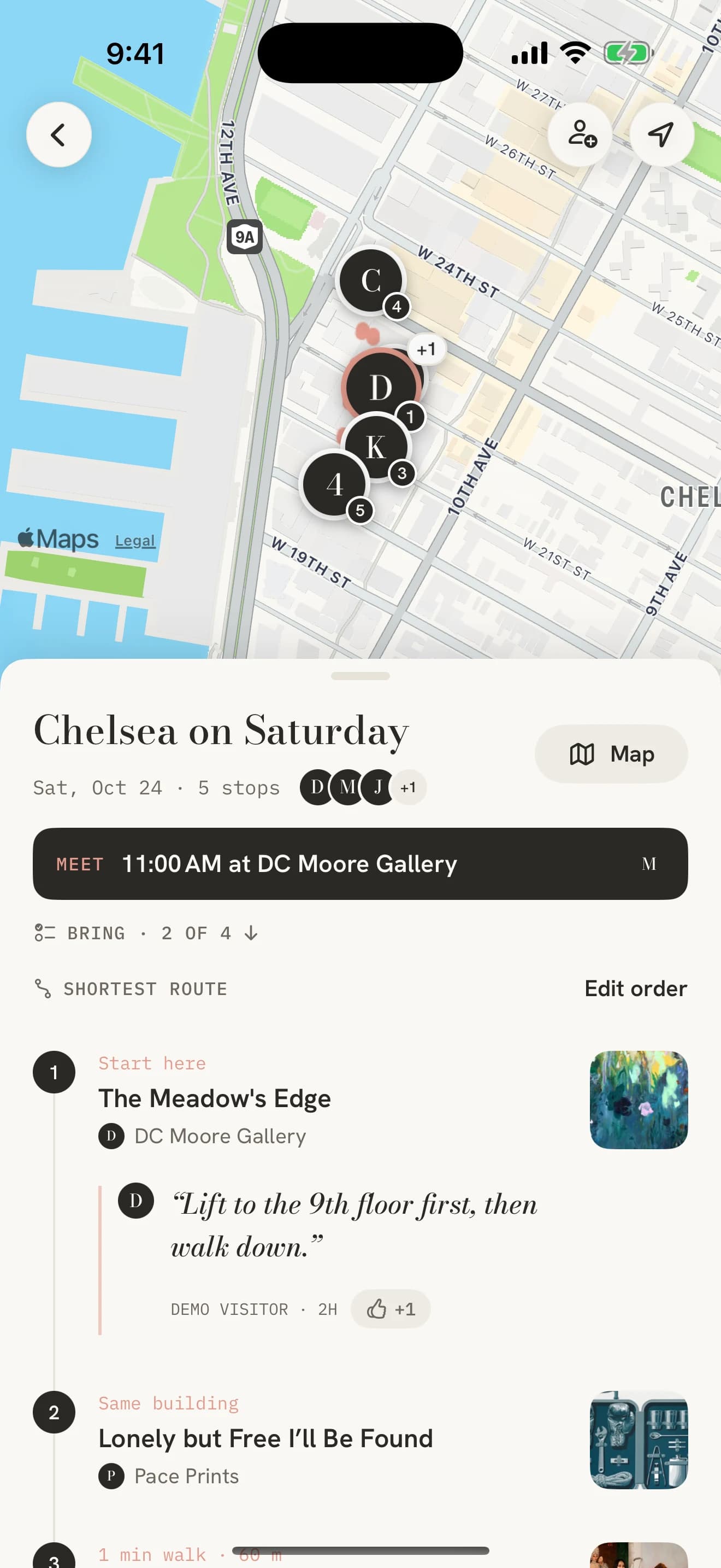 The shared trip board with a meeting point, friends and notes beside gallery stops.