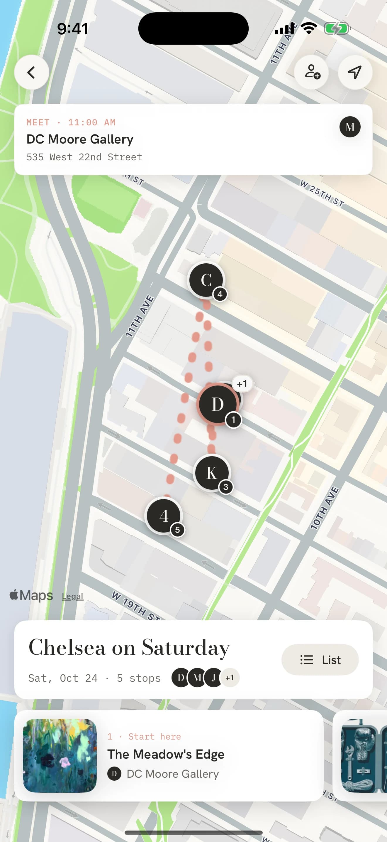 The Chelsea on Saturday trip with five gallery stops on a walking map.